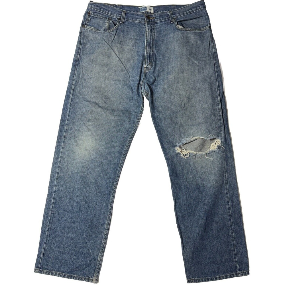 Levi Strauss Signature Jeans 38x34 Distressed Blue Denim Loose Fit Straight Leg